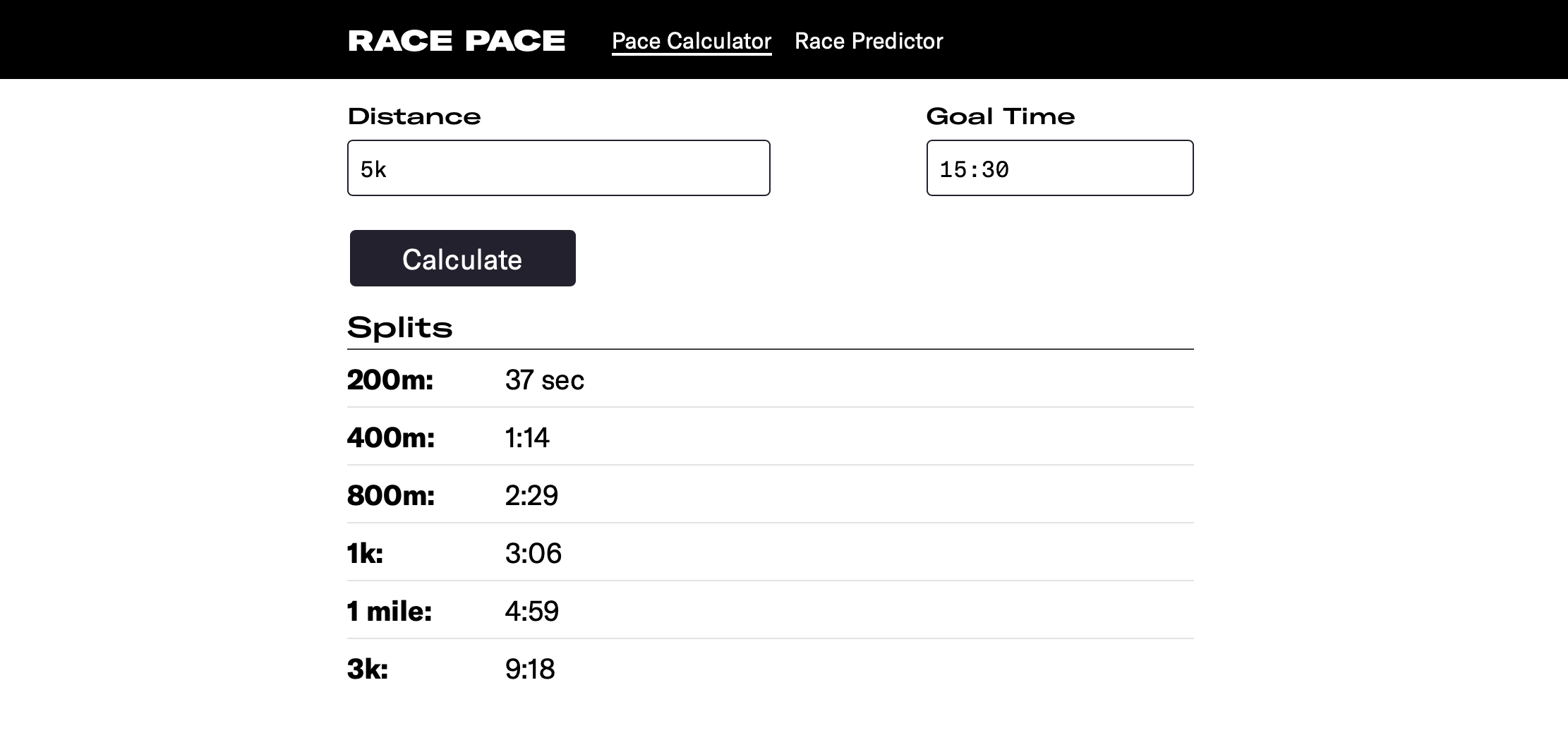 The Race Pace Calculator allows runners to see intermediate lap splits given a race distance and goal time.